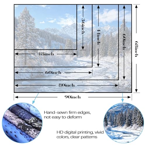 Winter Forest Snow Mountain Tapestry Snowy Pine Tree Woodland Tapestry for Bedroom Aesthetic White Clouds Flowing River Landscape Tapestries Wall Hanging for Living Room Dorm Office 90 x 68 Inch