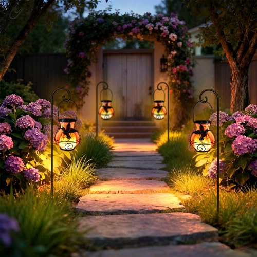 4 Pack Solar Lanterns Outdoor Waterproof Flickering Flame Lights Hummingbird Metal Hanging Solar Lantern Patio Porch Garden Decoration (4 Count)
