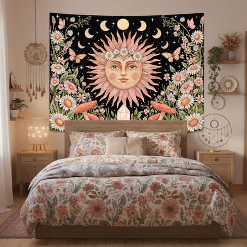 Boho Pink Sun Moon Phase Daisy Flower Floral Tapestry 80 x 60 Inch