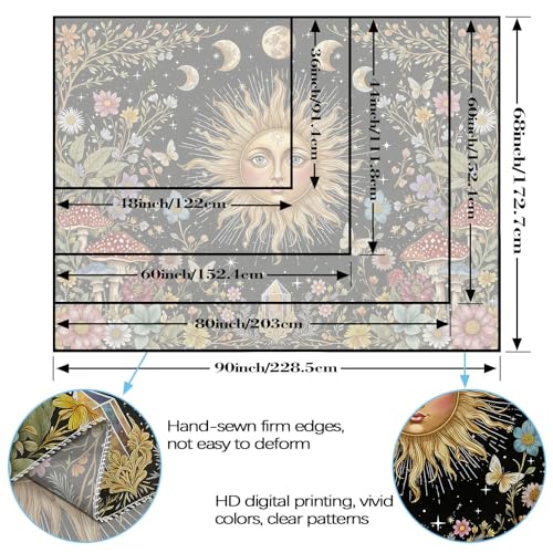 Boho Sun and Moon Tapestry Hippie Mushroom Floral Wall Tapestry for Bedroom Aesthetic Moon Phase Vintage Plant Celestial Small Tapestries Wall Hanging for Living Room Dorm 48 x 36 Inch