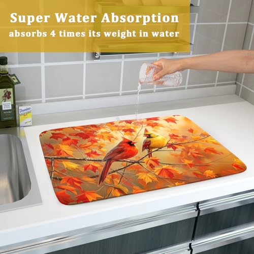 Fall Dish Drying Mat for Kitchen Counter Cardinal Maple Leaves Super Absorbent Reversible Microfiber Kitchen Countertop Protector Dishes Pad Large 18x24 inch