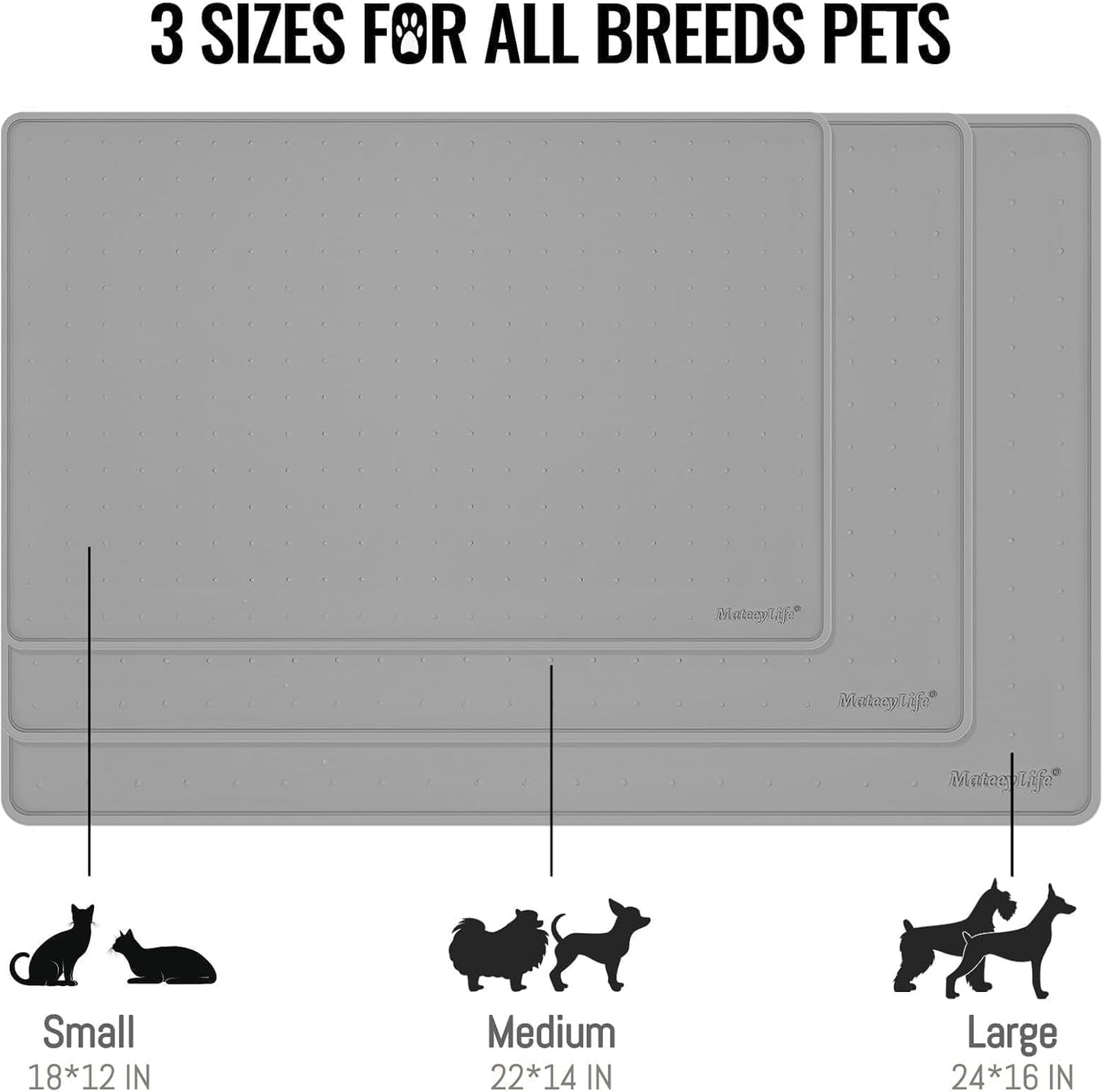 MateeyLife Cat & Dog Food Mat - Waterproof, Non-Slip Bowl Mat with Raised Edges, Silicone Matt Tray for Messy Drinkers, 22"x14", Grey