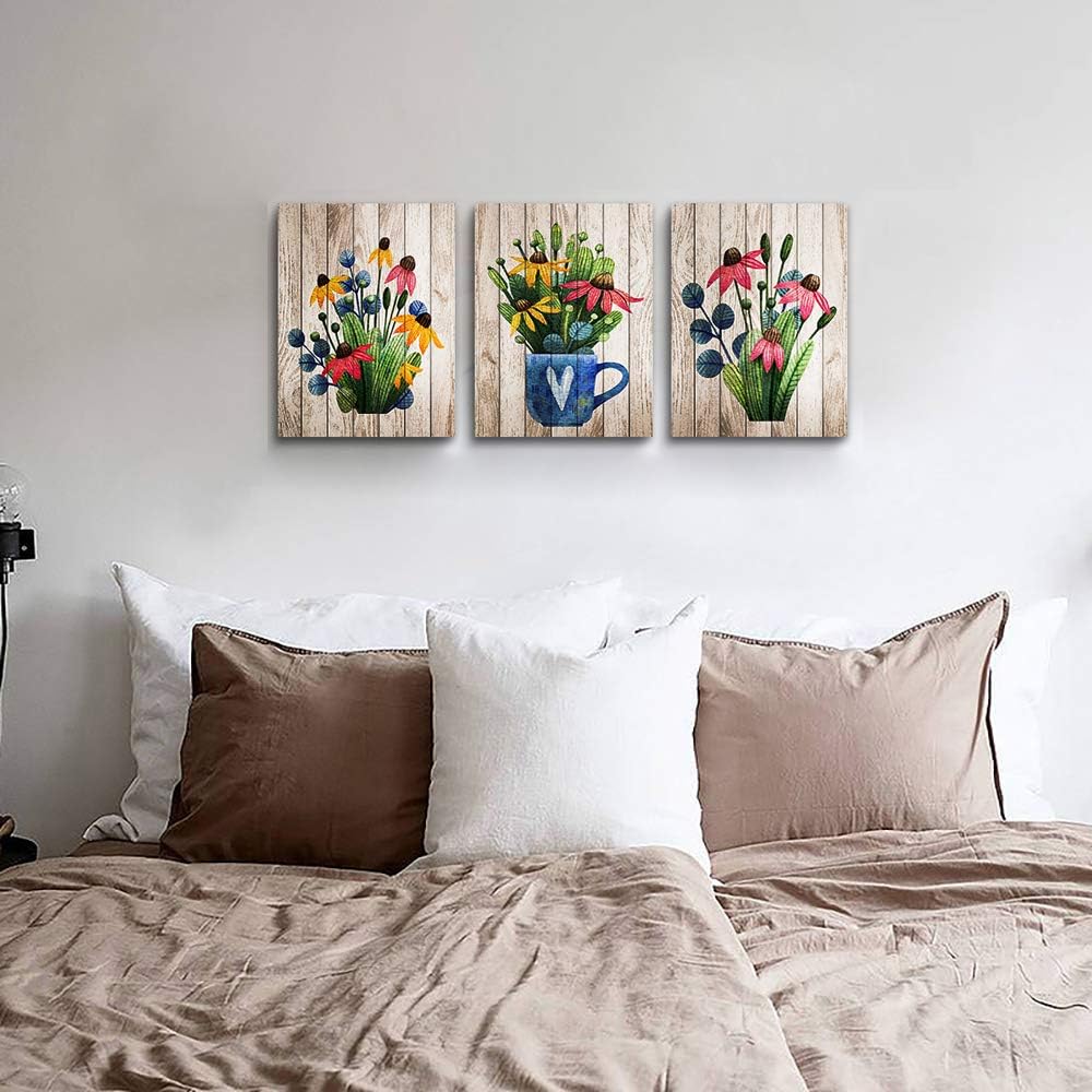 Vintage Wood grain plant flowers wall art for kitchen Wall Decorations for Living Room Bathroom Decorations room Wall decor 3 Pieces Framed Canvas print Artwork modern Office Home Decor paintinge