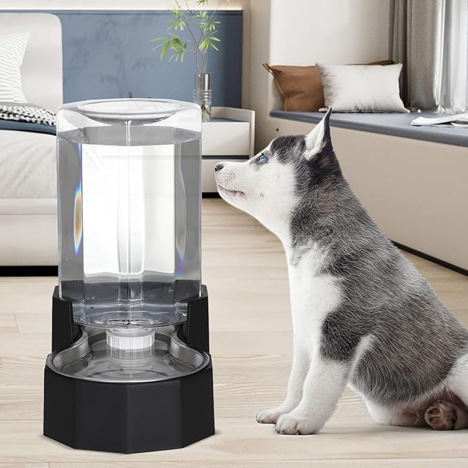 Sfozstra Dog Water Bowl Dispenser: 7L Large Black Gravity Stainless Steel Bowl - Without Filter - Pet Feeder for Pets Indoor/Outdoor Use by Owners