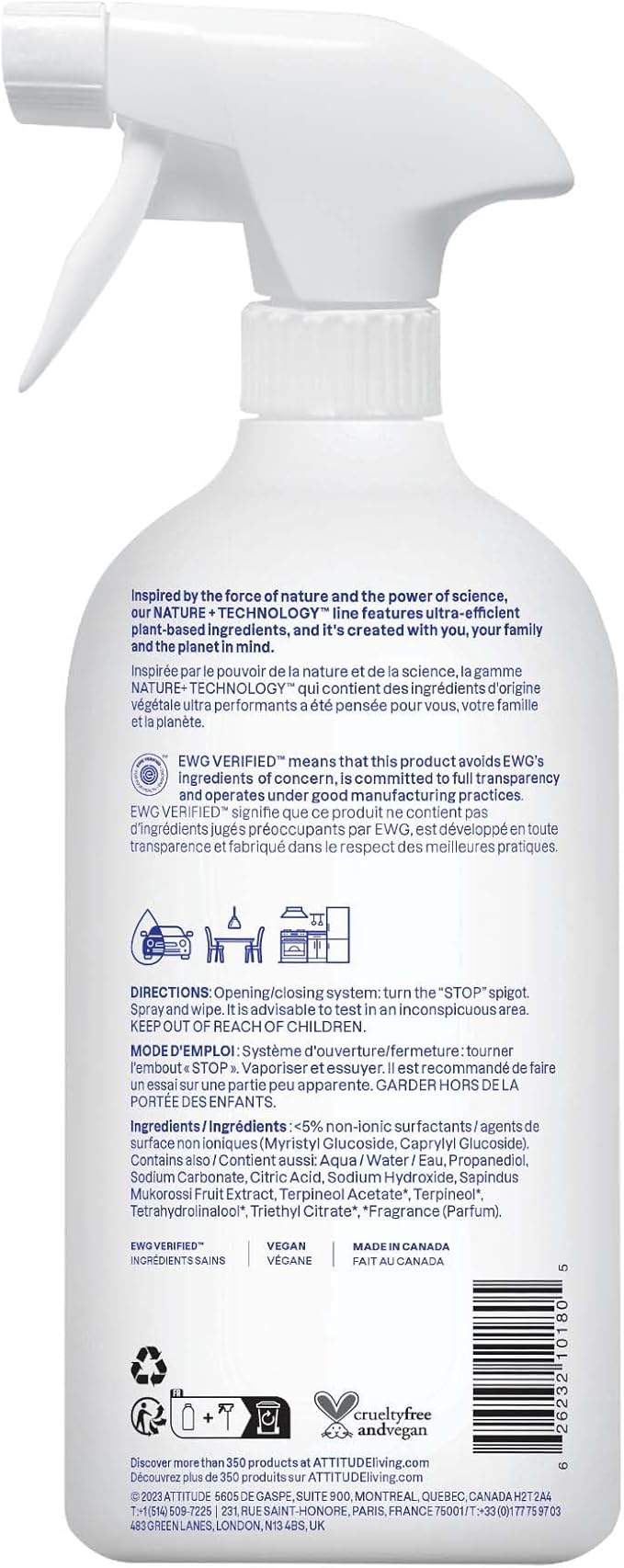 ATTITUDE All Purpose Cleaner Spray, EWG Verified, Vegan, Made with 94% Plant-Based Ingredients, Streak-Free for Kitchen, Bathroom, Glass & More, Citrus Zest, 27.1 Fl Oz (Pack of 3)