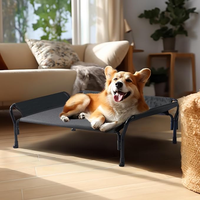 Veehoo Cooling Elevated Dog Bed, Raised Pet Cot with Guardrail & Slope Headrest, Durable Breathable Teslin Mesh, Non-Slip Feet, Washable Dog Couch Bed for Indoor & Outdoor, Medium 39.5" x 28", Black
