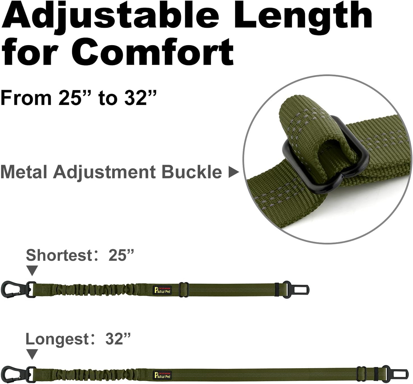 Plutus Pet Dog Seat Belt for Car, Adjustable Dog Car Harness with Carabiner Clip, Reflective Safety Dog Seatbelt Leash with Elastic Bungee, Ranger Green