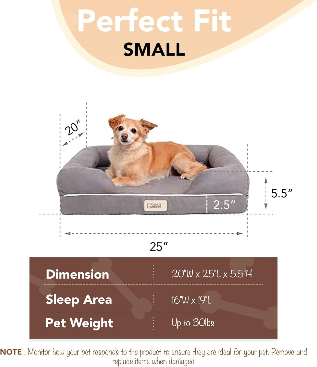 Friends Forever Orthopedic Dog Bed, Memory Foam Pet Sofa, Calming Dog Couch, Water Resistant Pet Bed, Washable Cover, Non-Slip Bottom, Chester, Grey, 25" x 20" x 5.5"