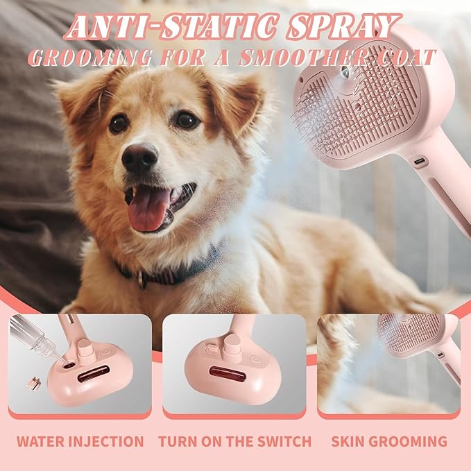 Cat steam brush โ Effective Pet Brush for Indoor Cats, Steam Technology for Shedding, Mats & Grooming โ Ideal cat brush indoor for Deep Cleaning (Pink)