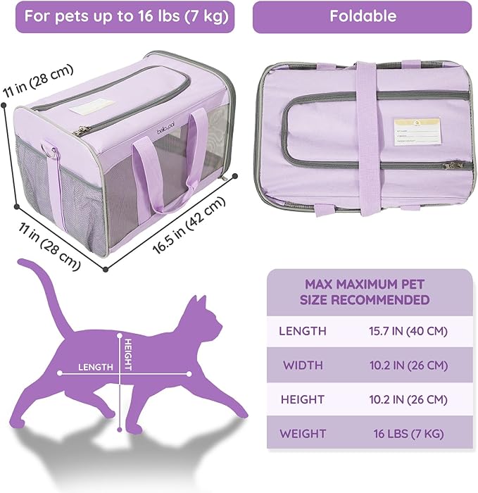 BELLA & PAL Cat Carrier Travel Bag, Airline Approved Lightweight Cat Carrier, Soft Sided Pet Carrier for Puppy Dogs Up to 18lbs, Collapsible Kitten Bag with Removable Waterproof Mat, Ventilated Mesh