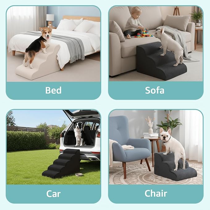 Dog Stairs for Small Dogs 19" H, 4-Step Dog Steps Ramp for High Beds and Couch with Anti-Slip Washable Cover and Durable High Density Foam, Pet Stairs for Cats, Grey