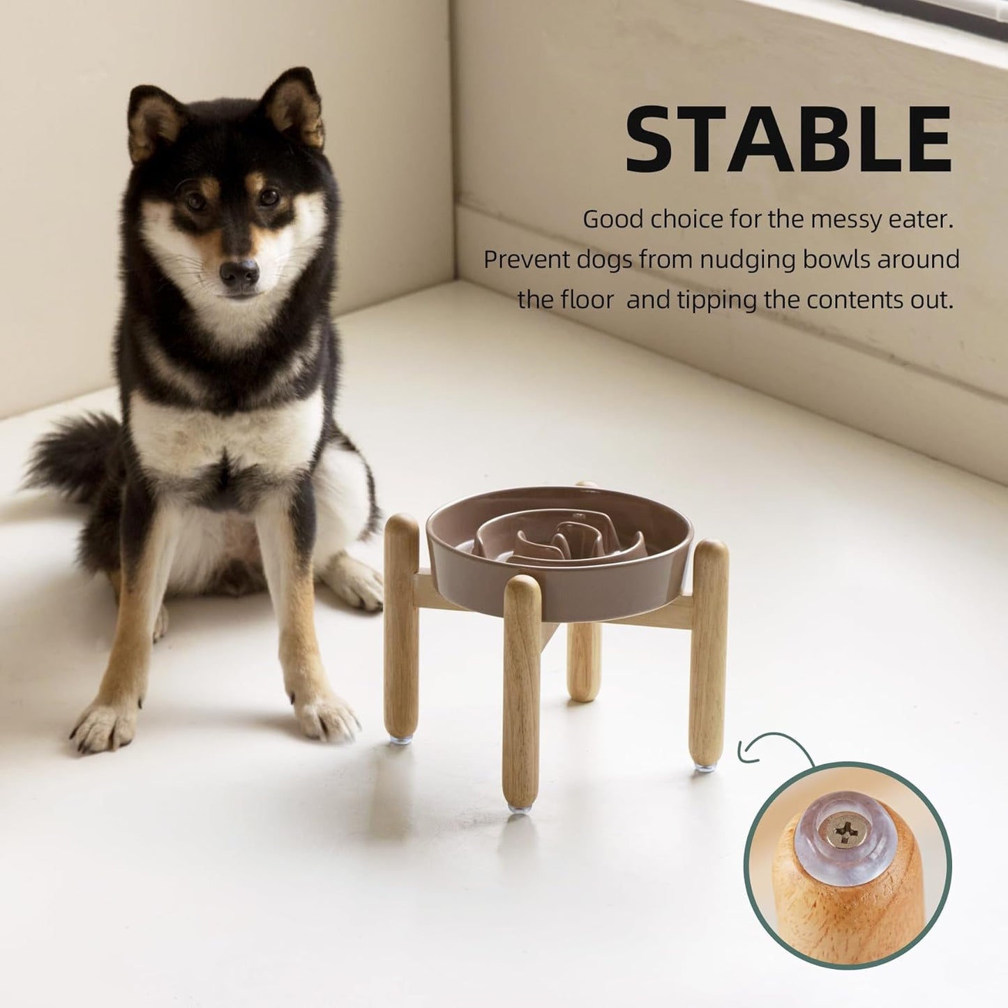 7.3inch Ceramic Raised Slow Feeder Dog Bowl Set, Elevated Wooden Stand for Medium and Small Dog, Puzzle Slow Food Dish, Preventing Choking(Brown Coffee, Single Bowl+ Stand)