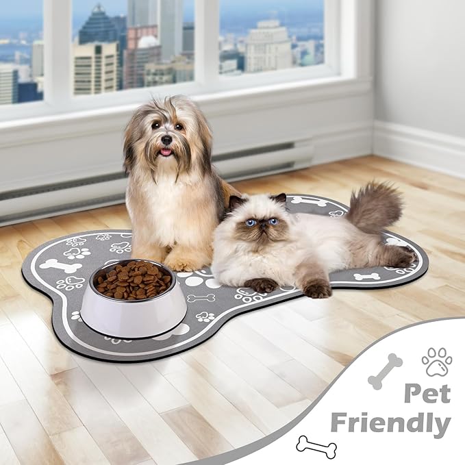 Dog Cat Food Mat,Rapid Absorbent Pet Feeding Mat, Bone Shaped Dog Placemat Water Bowl Mat with Rubber Backing,No Stains Dog Cat Food Mats Indoor, Pet Accessories Supplies 12"x18" Grey