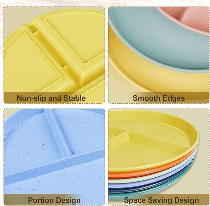 Divided Plates for Adults (8 Packs), Unbreakable Portion Control Plate Sectioned with Dividers, 9 Inch Plastic Food Separator Dinner Plates Lightweight Compartment BPA Free Reusable Microwave Safe