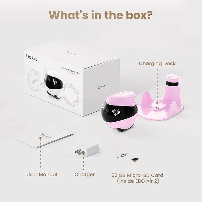 Enabot EBO Air 2 FamilyBot Indoor Security Camera Robot: 2K Pet Camera, Movable Home Robot, Custom Facial Expression, Auto-Recharge, Battery-Operated, 2-Way Talk, Night Vision(Robin Pink)
