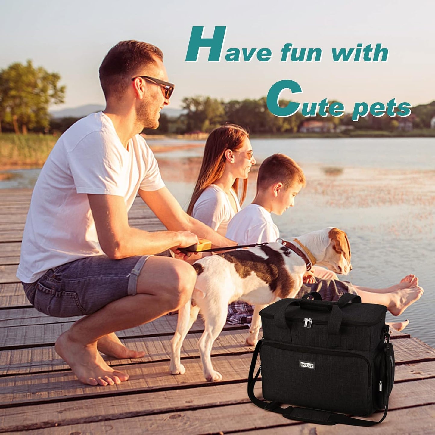 BAGLHER Dog Travel Bag, Airline Approved Pet Tote Organizer with Multi-Function Pockets, 2 X Food Storage Containers and 2 X Collapsible Dog Bowls, Perfect Weekend Pet Travel Set for Dog, Cat Black