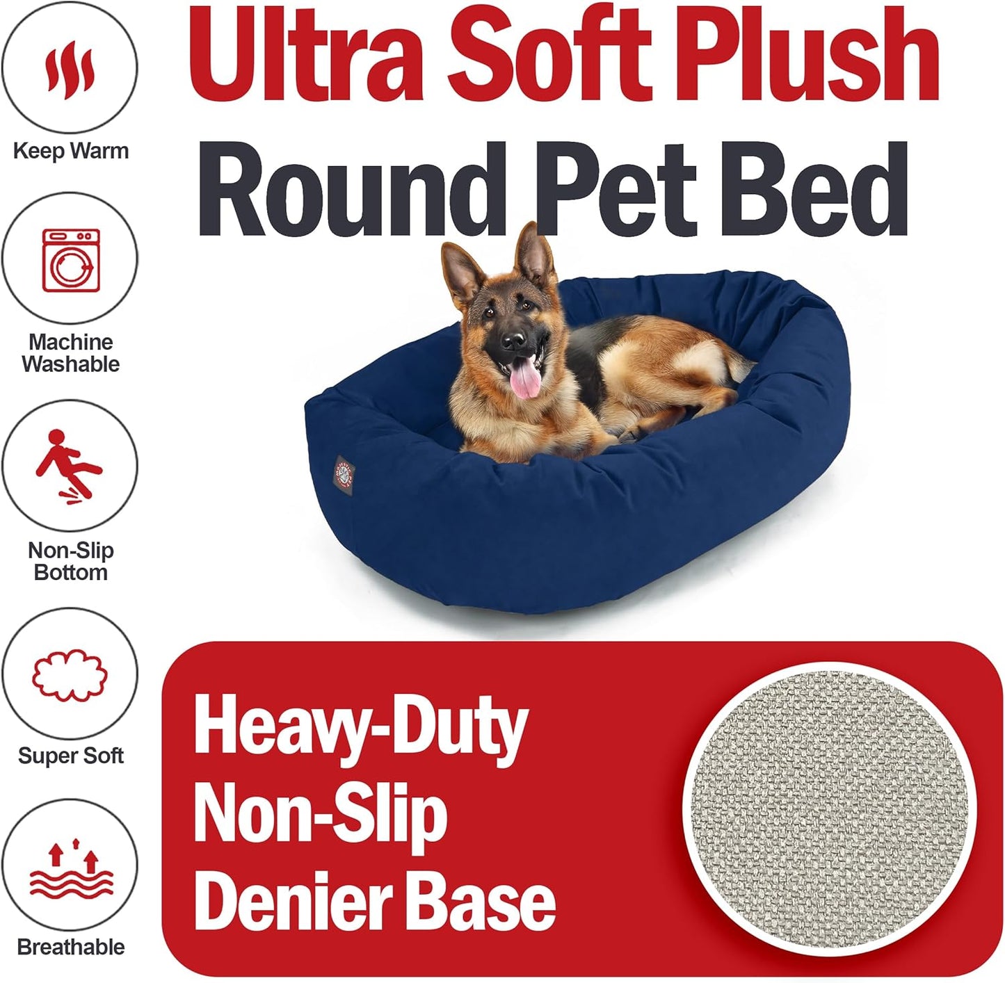 Majestic Pet 52 Inch Suede Calming Dog Bed Washable 52x35x11 (Inch) – Cozy Soft Round Donut Dog Bed with Spine Support for Dogs to Rest Their Head - Pet Bed X- Large – Navy (2025)