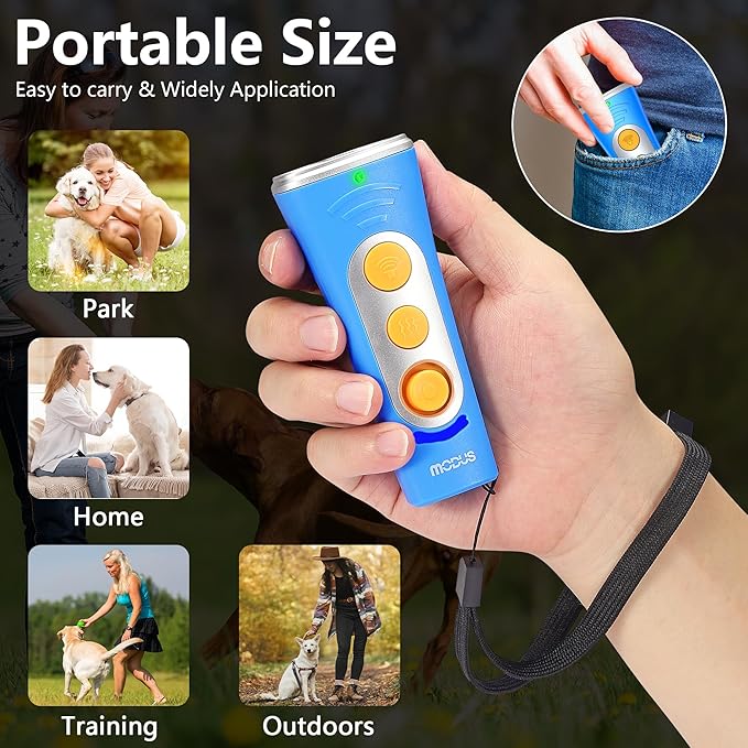 MODUS New Anti Barking Device, 4X Ultrasonic Emitters Dog Bark Deterrent Device, Rechargeable Dog Barking Control Devices with 50ft Range Dog Training Tool, Alternative to Dog Shock Collar (Blue)