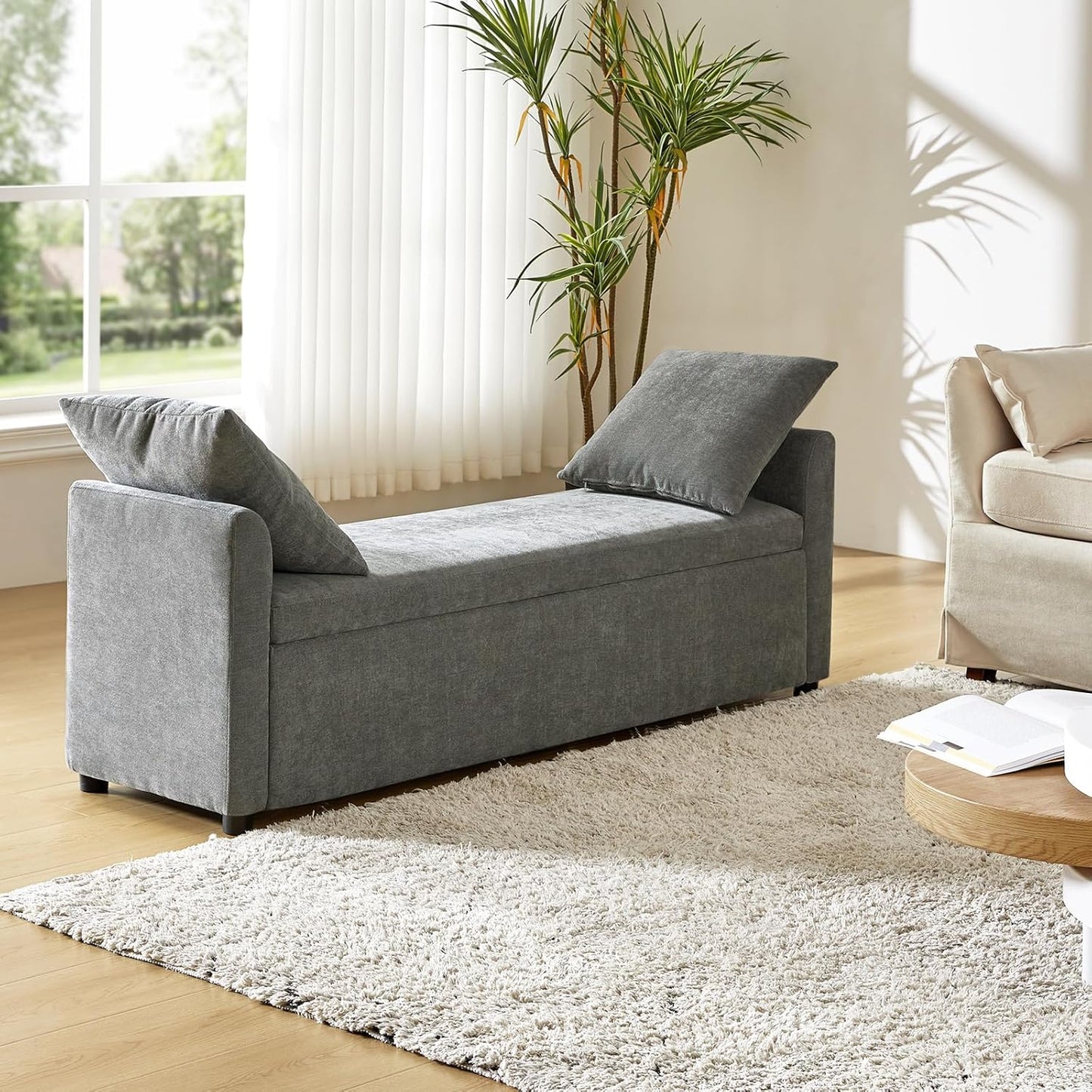 HULALA HOME Modern Storage Bench with Throw Pillows, 59.4" Extra Long Bedroom Ottoman Bench for End of Bed, Comfy Upholstered Footstool for Entryway Dining Room Living Room, Charcoal