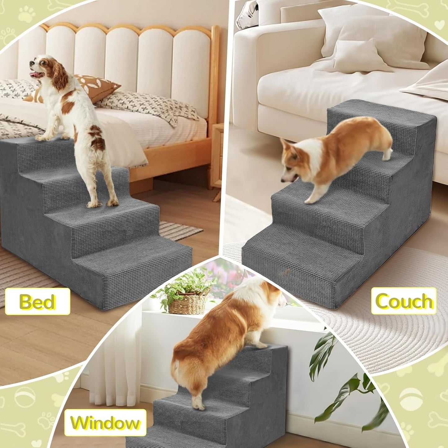 Niubya Dog Stairs for Small Dogs and Cats,18'H Non-Slip Bottom Pet Steps for High Beds and Couch,High-Density Foam Pet Stairs Grey,4 Steps