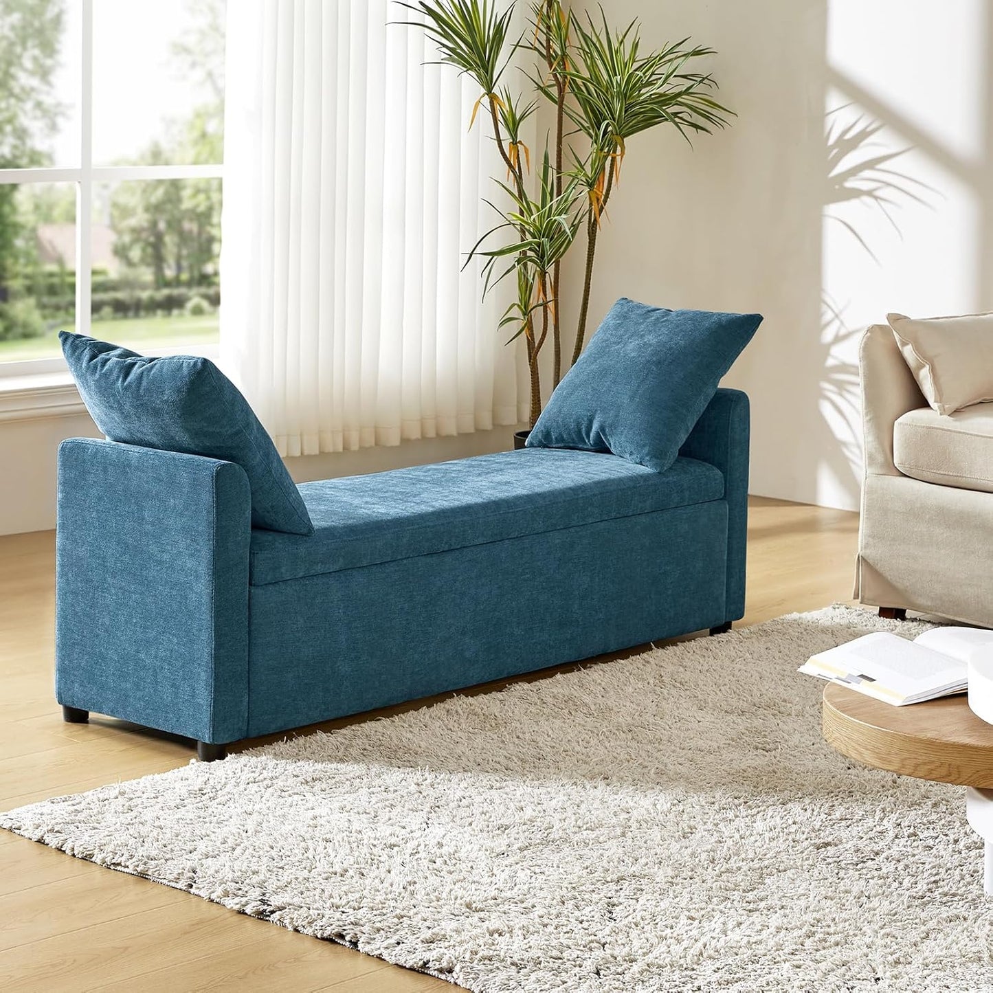 HULALA HOME Modern Storage Bench with Throw Pillows, 59.4" Extra Long Bedroom Ottoman Bench for End of Bed, Comfy Upholstered Footstool for Entryway Dining Room Living Room, Teal