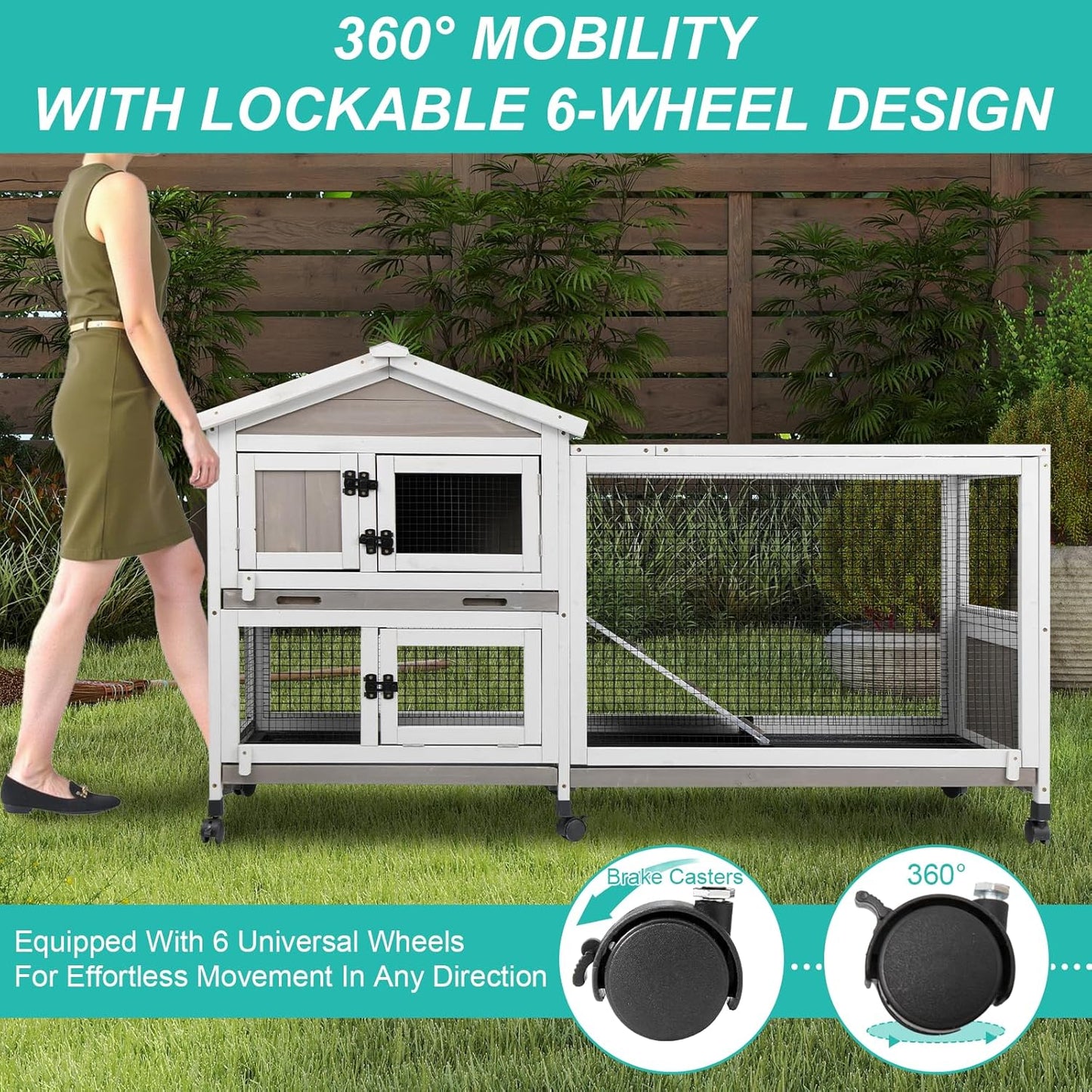 2-Tier Rabbit Hutch with Wheels, Indoor & Outdoor Small Animal Cage with Deep Pull-Out Tray, Anti-Chew Frame, Habitat for Bunny, Guinea Pig, Chinchilla (60" L x 19" W x 35" H)