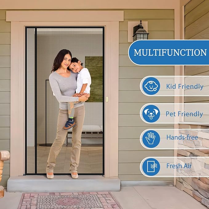 Magnetic Screen Door Left Right Side Opening Upgraded PET Mesh Greater Than Fiberglass and Polyester,Keep Bugs Out,Pet & Kid Friendly,Suitable for Sliding Doors,Patio French Doors-60" X 96"
