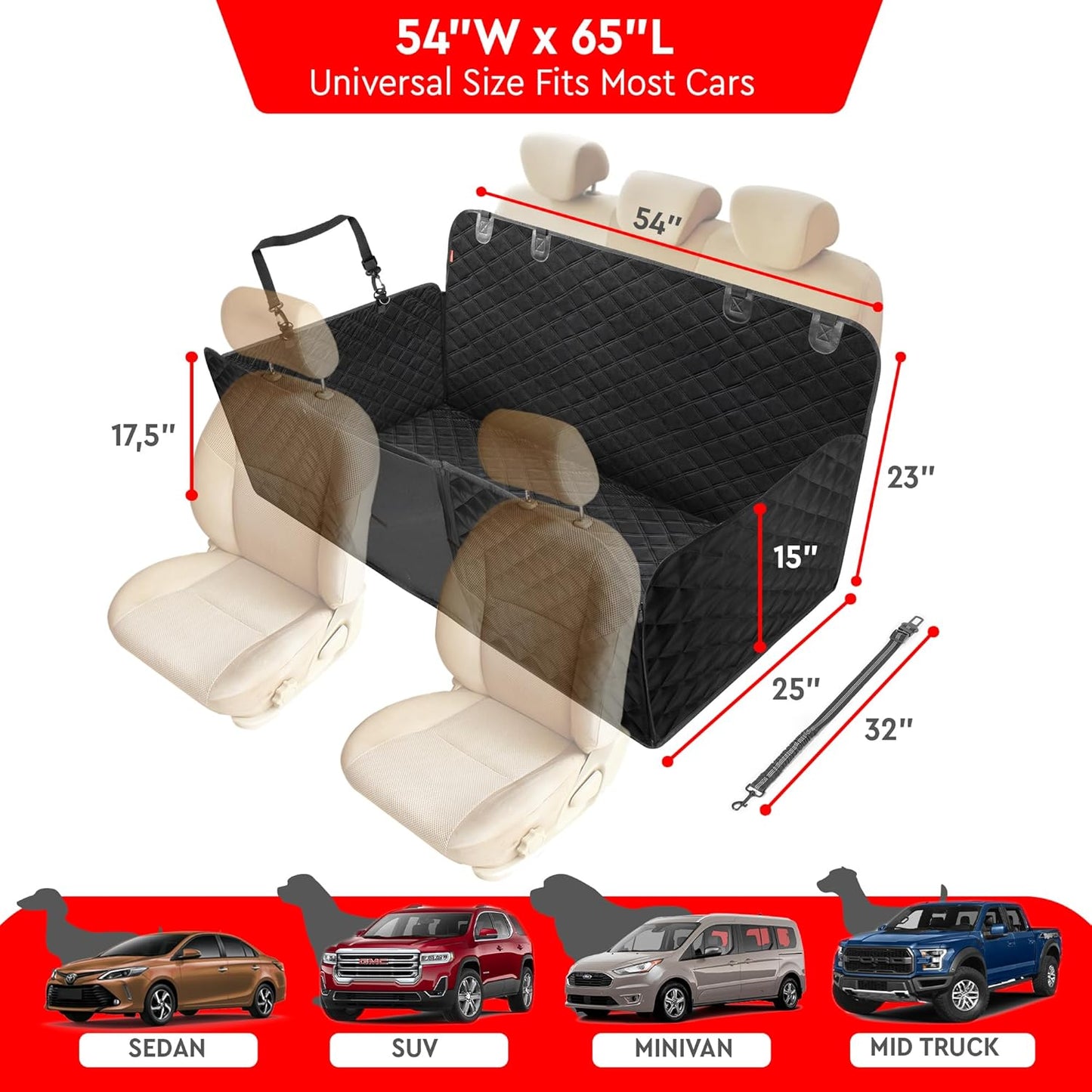 Helteko Back Seat Extender for Dogs - Premium Car Seat Cover with Hard Bottom Holds 400 lbs, Waterproof Hammock for Pet (Black L, for Cars/Mid-Size SUV/Small Truck)