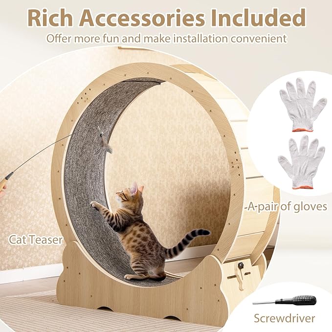 PETSITE 40 Inch Cat Exercise Wheel for Indoor Cats, Low Noise Cat Treadmill with Locking Mechanism, Carpeted Runway, and Teasing Toy