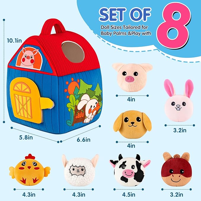 Baby Toys 6-12 Months, Barn with Stuffed Farm Animals, Montessori Toy for Babies, Sensory Toys for Toddlers 1-3, Portable Baby Farmhouse Toy, Birthday Gift for Infants & Toddlers