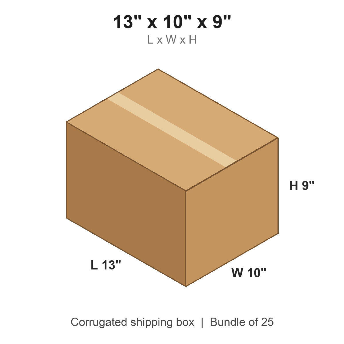 13x10x9 Corrugated Shipping Boxes (13 x 10 x 9 in), Bundle of 25