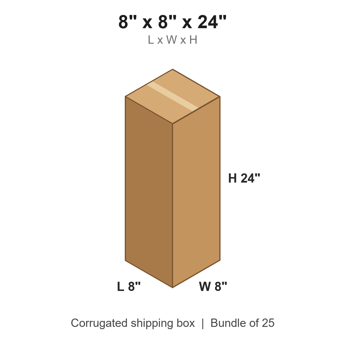 8x8x24 Tall Corrugated Shipping Boxes (8 x 8 x 24 in), Bundle of 25