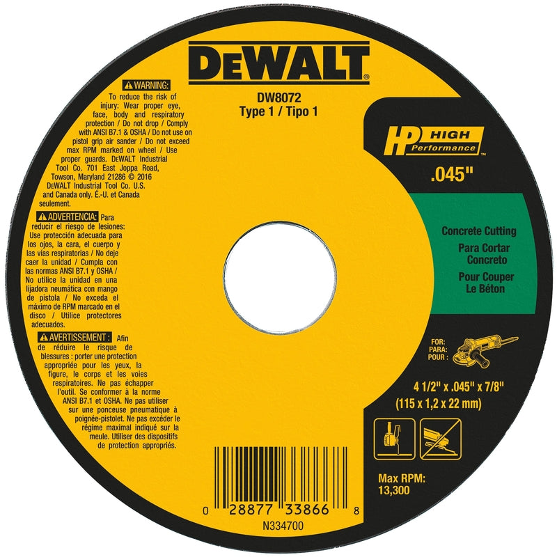 DeWalt 4-1/2 in. D X 7/8 in. X 0.045 in. thick Silicon Carbide Cut-Off Wheel DW8072 1 pc