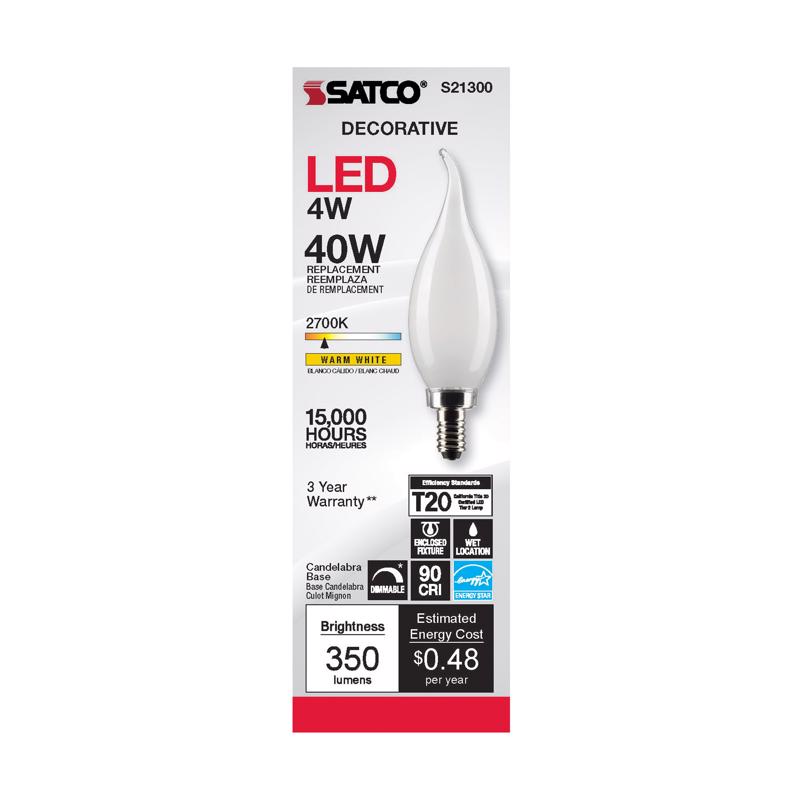 Satco CA10 (Flame Tip) E12 (Candelabra) Filament LED Bulb Warm White 40 Watt Equivalence S21300 1 pk