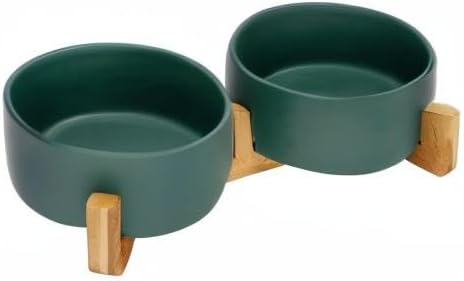 SPUNKYJUNKY Ceramic Dog and Cat Bowl with Wood Stand Non-Slip Matte Glaze Weighted Food Water Set for Cat Medium Dog 28.7 OZ