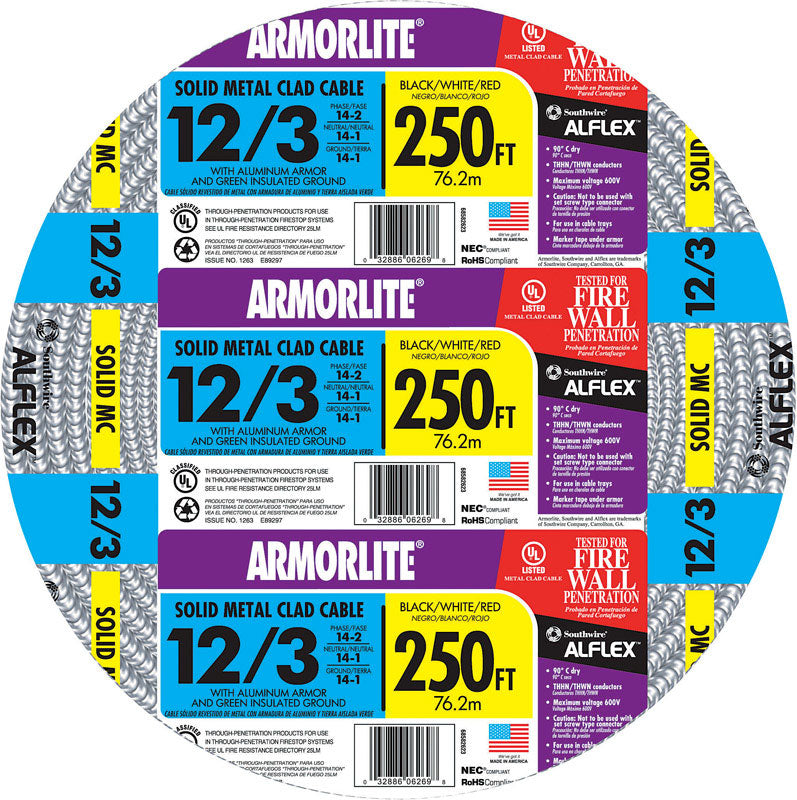Southwire Armorlite 250 ft. 12/3 Solid Aluminum Armored MC Cable 68583455