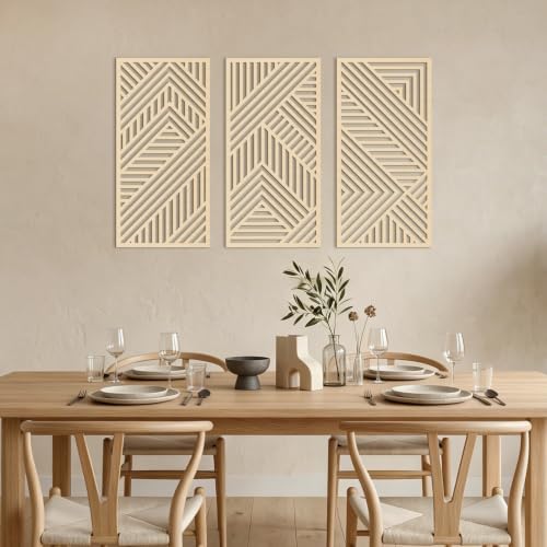 Large Boho Wood Wall Art 16x32 Inch Mid Century Modern Wooden Wall Decor Minimalist Abstract Geometric Artwork for Living Room Office Set of 3