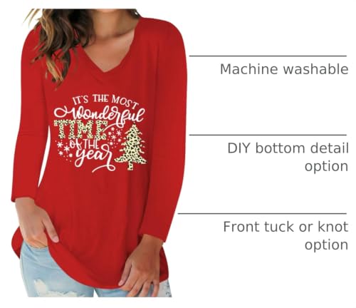 Christmas Tree Shirts for Women Christmas Tshirts Xmas Long Sleeve Graphic Tees Casual Holiday Shirt Tops Red XXL