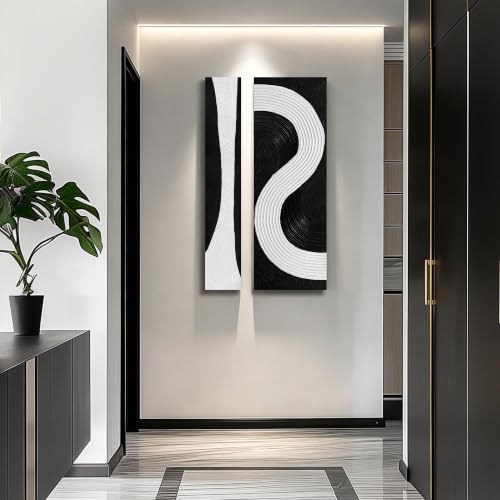 Black And White Abstract Wall Art For Office 2 Piece 3D Wall Decor For Bedroom 24 X 47 Inch