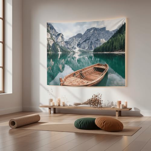 Nature Mountain Lake Boat Tapestry 60x44 Inch