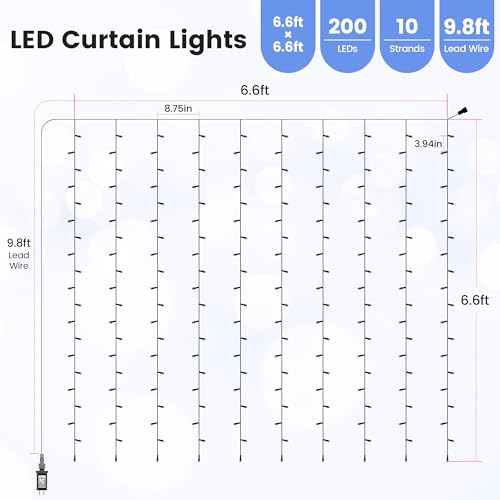 6.6FT x 6.6FT Cool White Curtain Lights Plug in