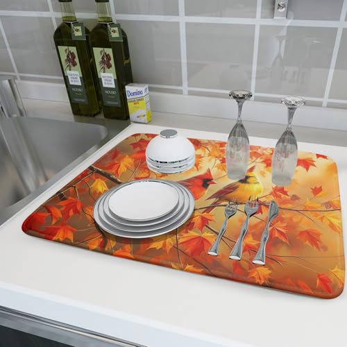 Fall Dish Drying Mat for Kitchen Counter Cardinal Maple Leaves Super Absorbent Reversible Microfiber Kitchen Countertop Protector Dishes Pad Large 18x24 inch