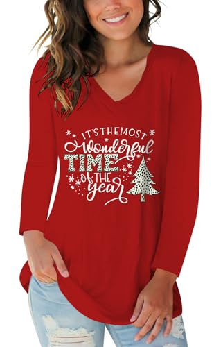 Christmas Tree Shirts for Women Christmas Tshirts Xmas Long Sleeve Graphic Tees Casual Holiday Shirt Tops Red XXL