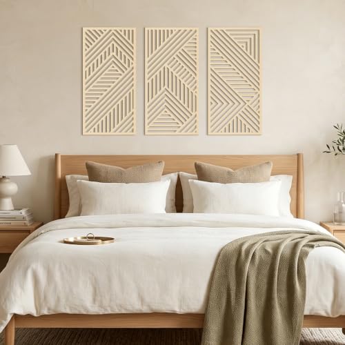 Large Boho Wood Wall Art 16x32 Inch Mid Century Modern Wooden Wall Decor Minimalist Abstract Geometric Artwork for Living Room Office Set of 3
