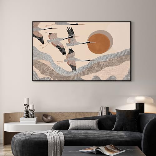 36"x60" Extra Large Framed Wall Art Flying Cranes Over Sunlit Hills Illustration for Home Living Room Bedroom Decor