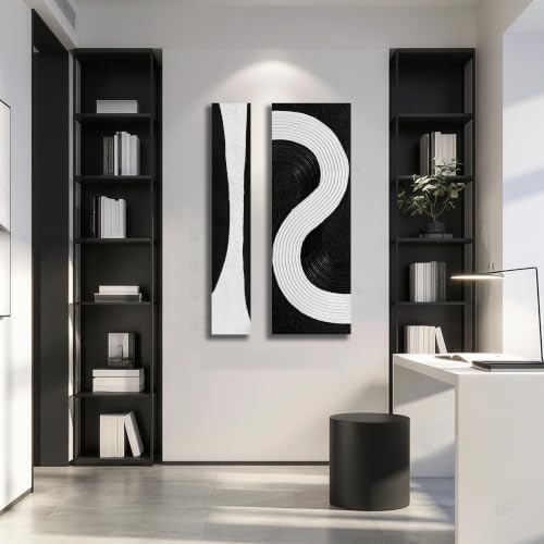 Black And White Abstract Wall Art For Office 2 Piece 3D Wall Decor For Bedroom 24 X 47 Inch