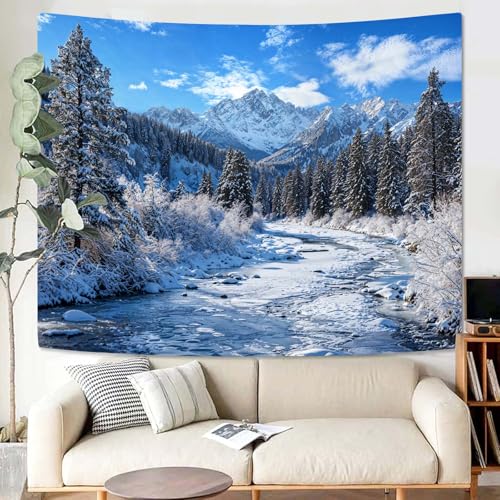 Winter Forest Snow Mountain Tapestry Snowy Pine Tree Woodland Tapestry for Bedroom Aesthetic White Clouds Flowing River Landscape Tapestries Wall Hanging for Living Room Dorm Office 90 x 68 Inch