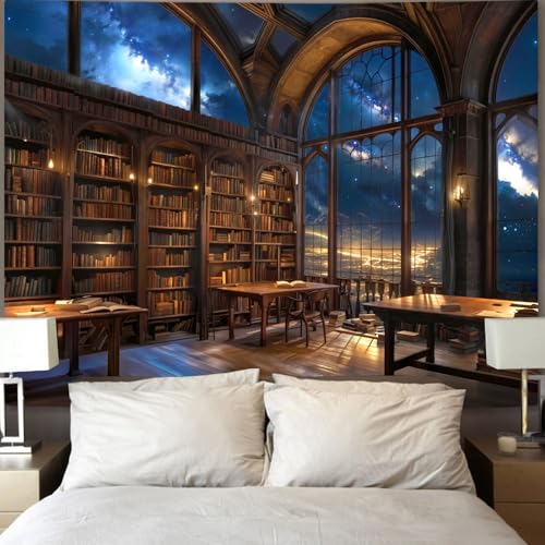 Gothic Library Tapestry Vintage Medieval Bookshelf Tapestries Wall Hanging Fantasy Space Academia Book Extra Large Tapestry for Bedroom Living Room Dorm Classroom 90 x 68 inch