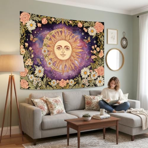 Vintage Sun and Moon Boho Hippie Purple Floral Tapestry 60 x 44 Inch
