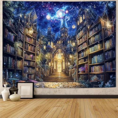 Fantasy Bookshelf Tapestry Space Library Tapestries Wall Hanging Gothic Galaxy Castle Magic Book Extra Large Tapestry for Bedroom Living Room Dorm Classroom 90 x 68 inch